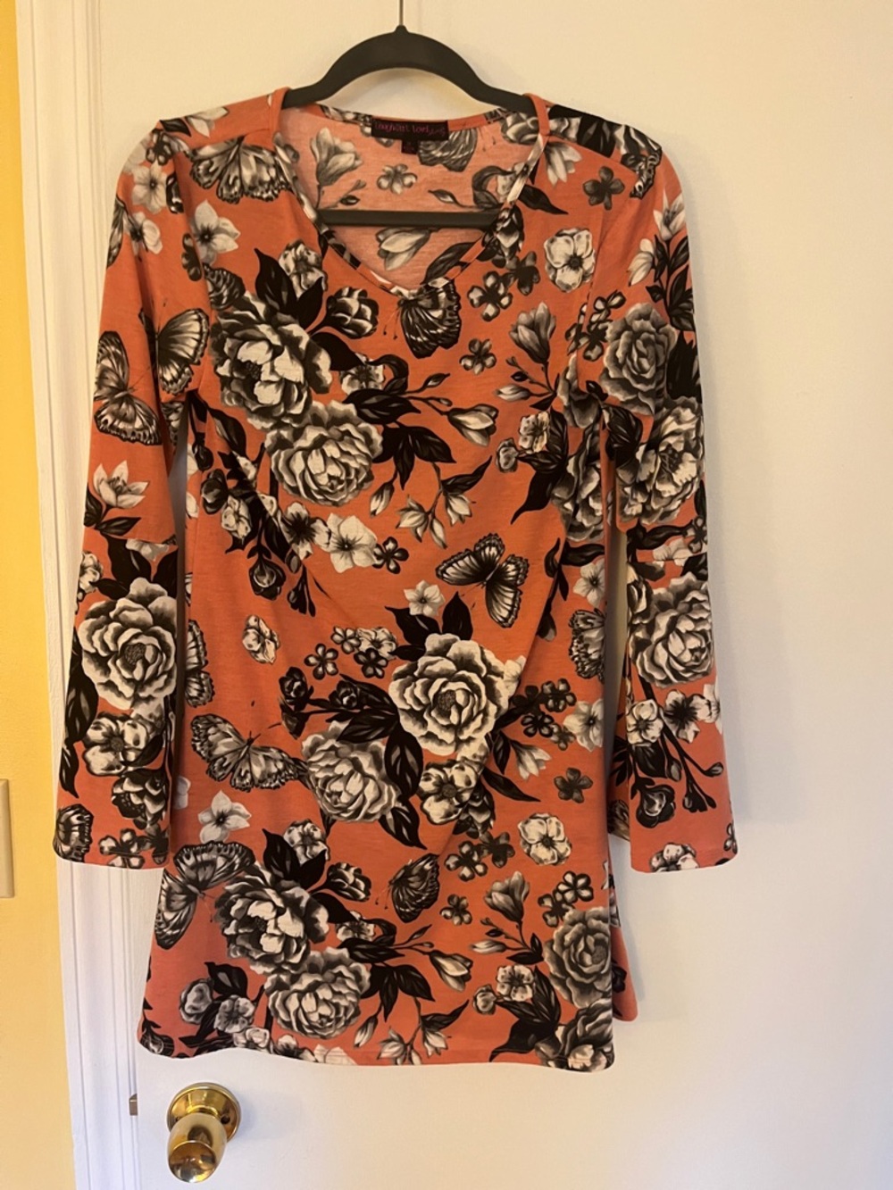 Women's Coral Floral Long Sleeve Top with Butterfly Print